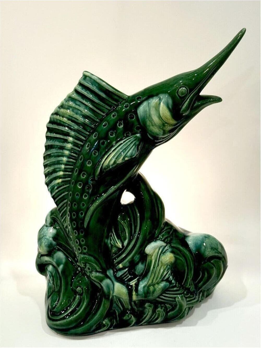 Vintage 14 inches Green Ceramic Sailfish Marlin TV Lamp Mid Century Figurine